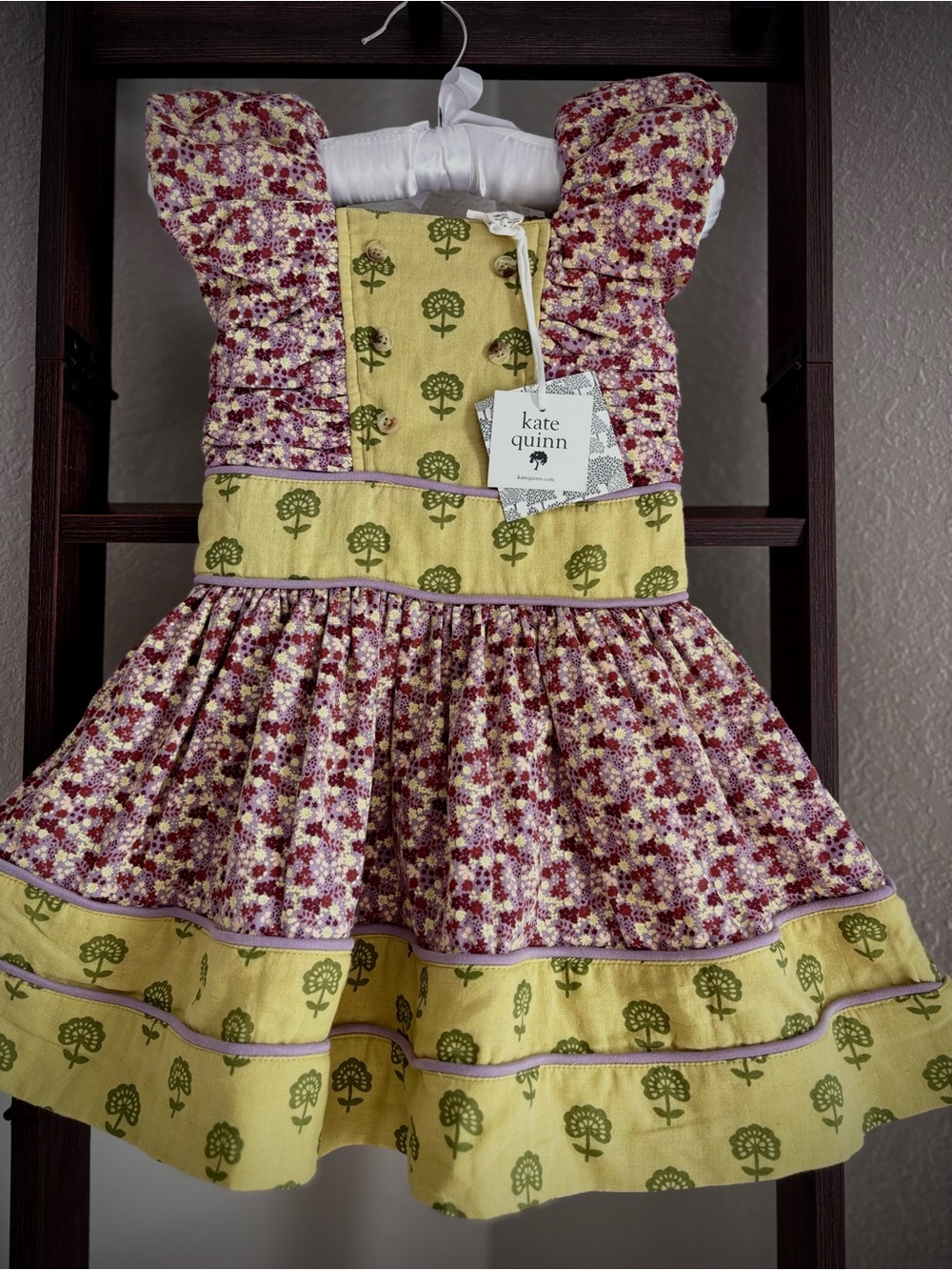 kate quinn Green Tree & Pink Floral Ruffle Dress